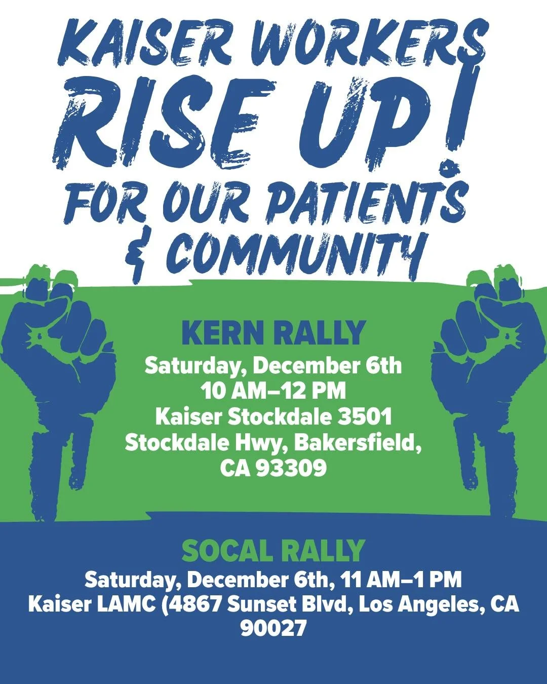 Kaiser workers are rising for a fair contract. As Kaiser continues to stall on safe staffing, patient care, and fair wages, our unity is only growing stronger.

This Saturday, December 6, we bring that strength to the Kaiser Rally as we push for the 