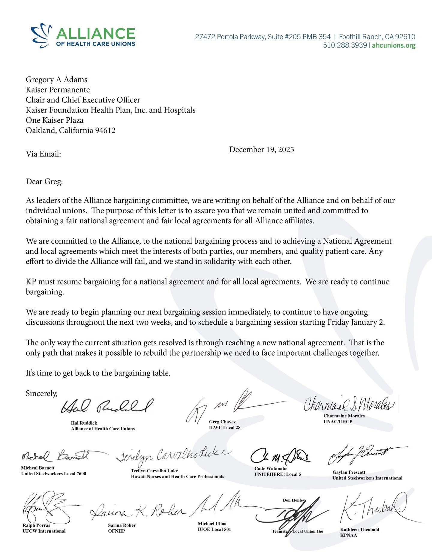 Alliance unions remain committed to a fair national agreement, fair local agreements, and quality patient care. Attempts to divide us will fail. We are ready to return to the bargaining table and get this resolved together.

📄 Read the full letter &