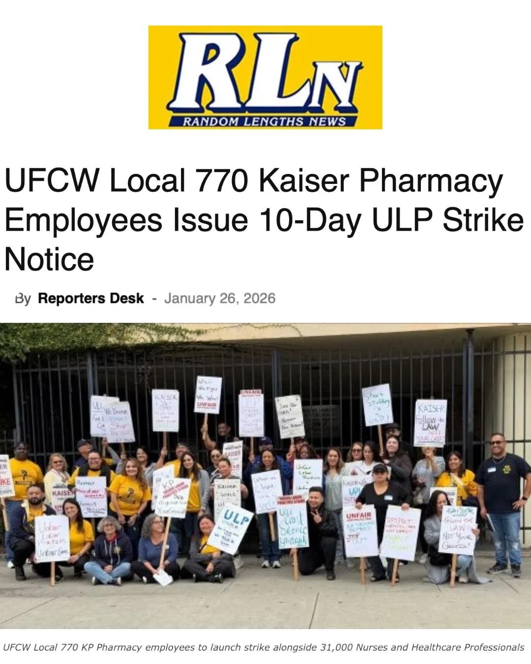 &ldquo;Our message to Kaiser is clear: we will not be silenced,&rdquo; said Christina Thomas, a pharmacy technician, at Kaiser&rsquo;s Lancaster pharmacy. &ldquo;After repeated unfair labor practices, KP pharmacy employees are striking because Kaiser