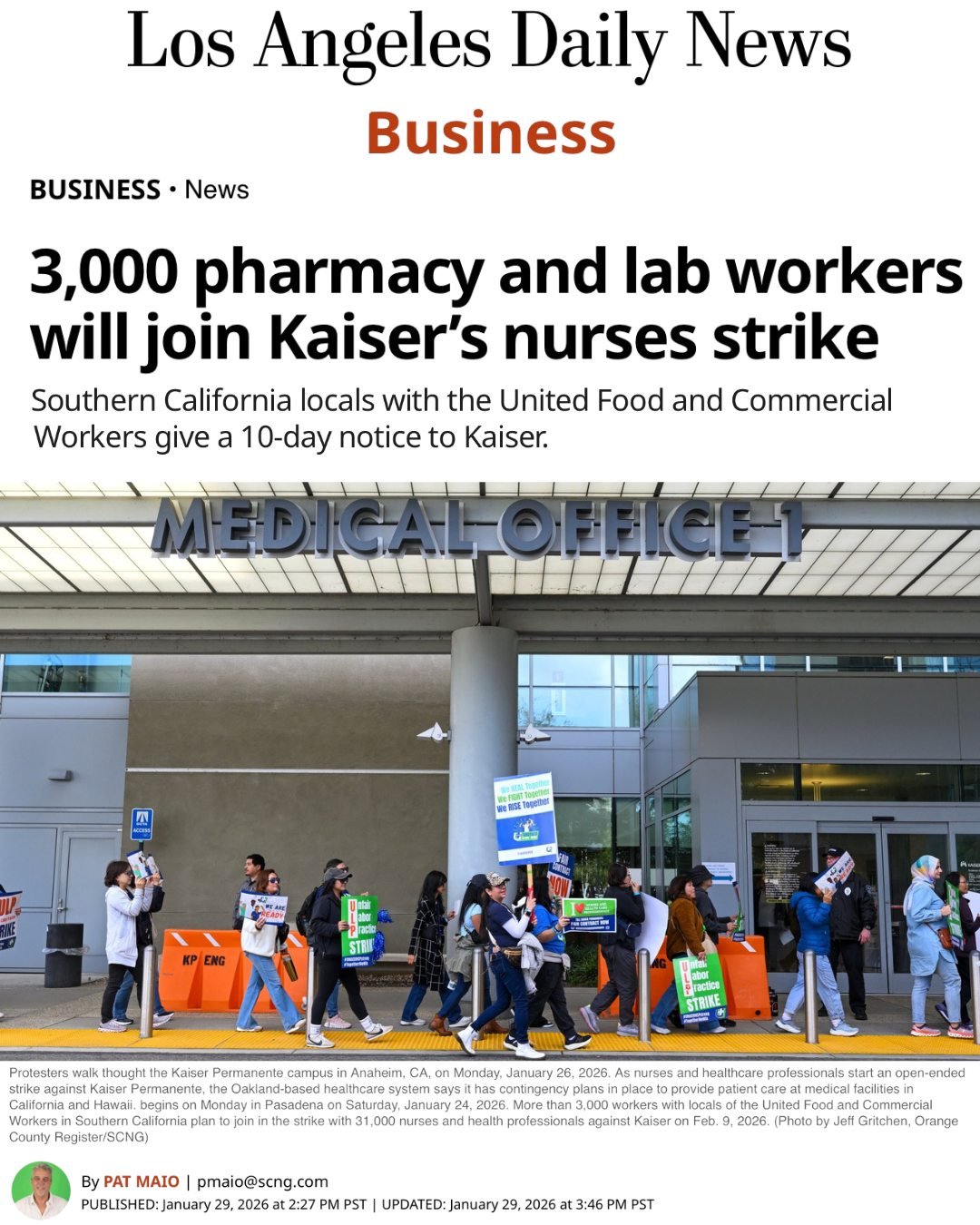 &ldquo;More than 3,000 workers with the United Food and Commercial Workers union in Southern California said Thursday that they would join a &lsquo;second wave&rsquo; strike against Kaiser Permanente.&rdquo;

Thank you, Pat, for covering this story a