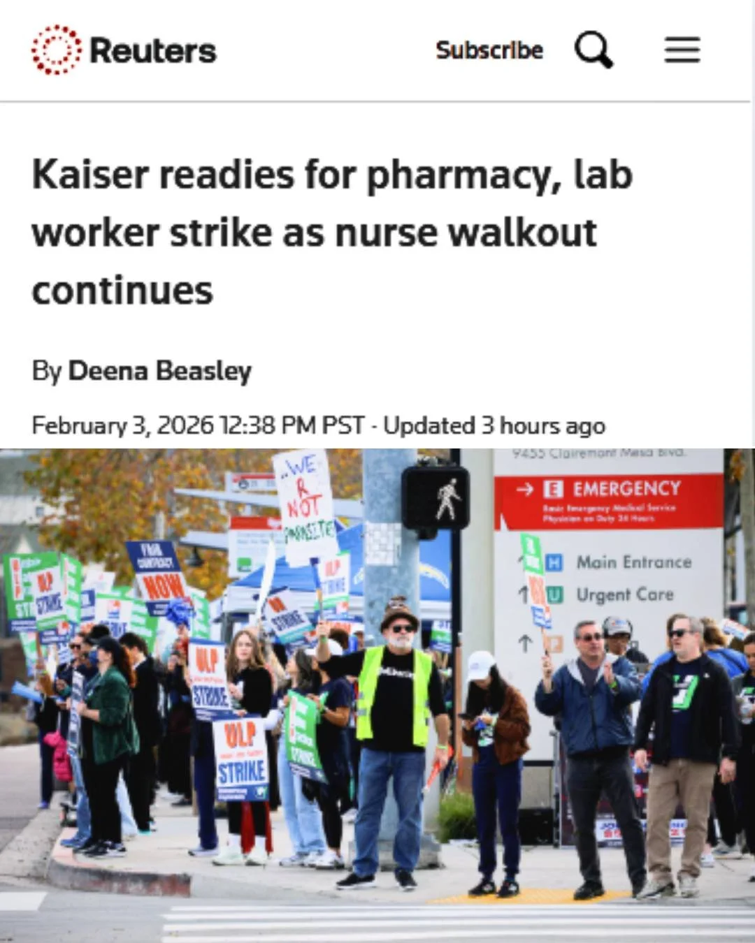 "The UFCW Southern California locals said members, including pharmacy technicians and clinical lab scientists, will begin striking on Monday "after Kaiser stalled bargaining and violated federal labor law.

The UFCW, as well as the UNAC/UHC