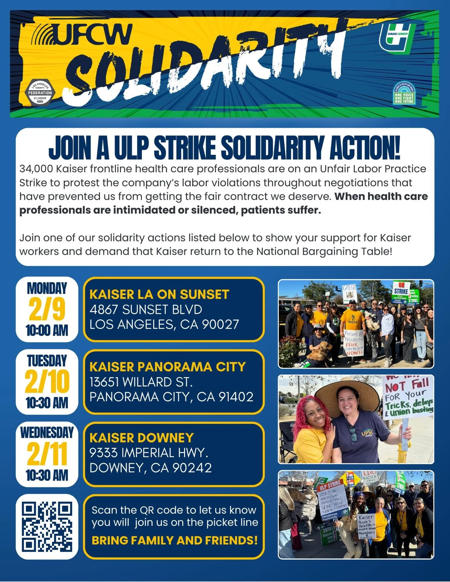 Join us for a ULP strike solidarity action and support our Kaiser pharmacy techs, CLS, and MLT members on the picket line. The ULP strike begins Monday, February 9 at 7am. This is about showing real unity and collective power. When our members take a