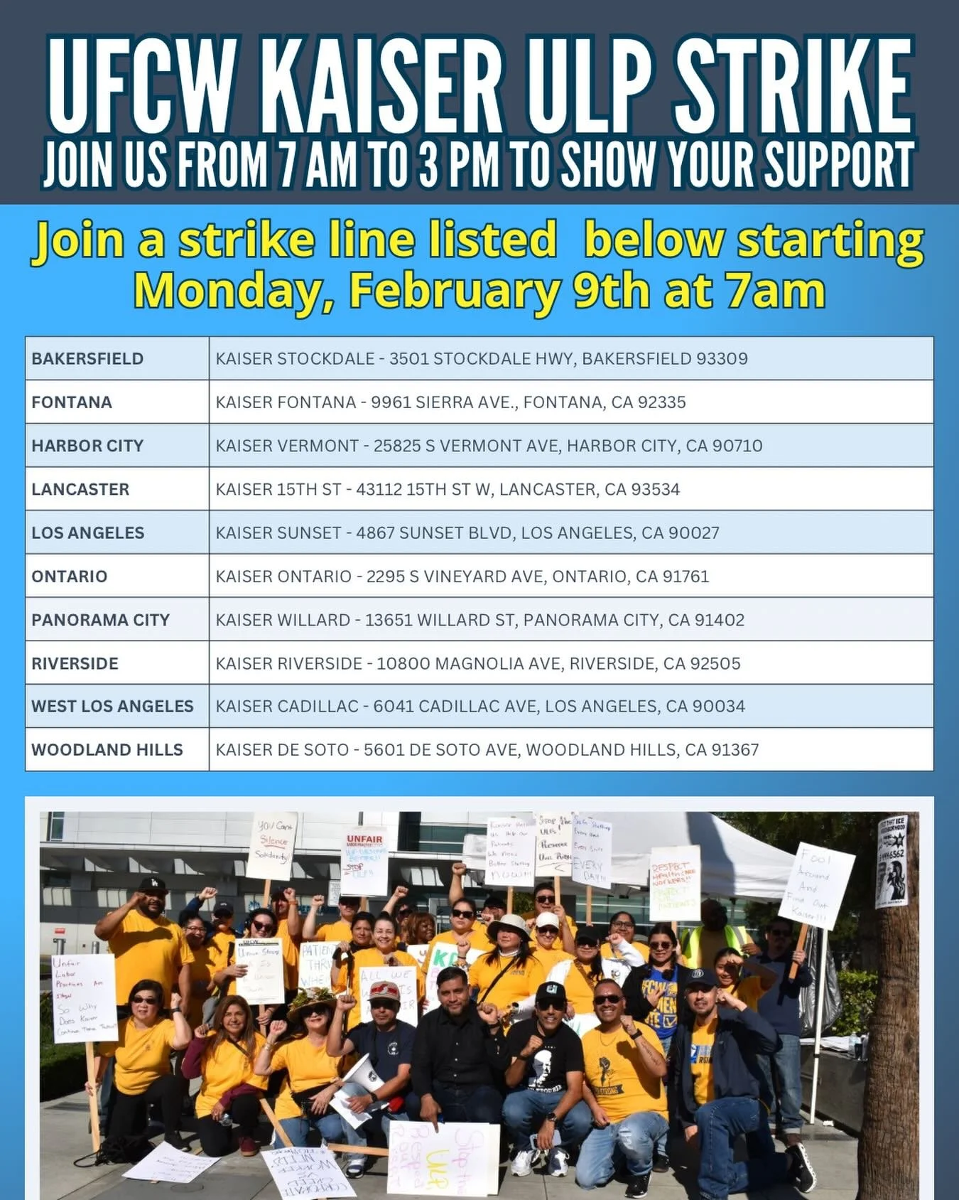Starting Monday, February 9 at 7 a.m., Kaiser pharmacy techs, CLS, and MLT workers will begin a ULP strike in response to Kaiser&rsquo;s refusal to bargain at the national level.
Check the flyer for picket line locations and show your support as memb