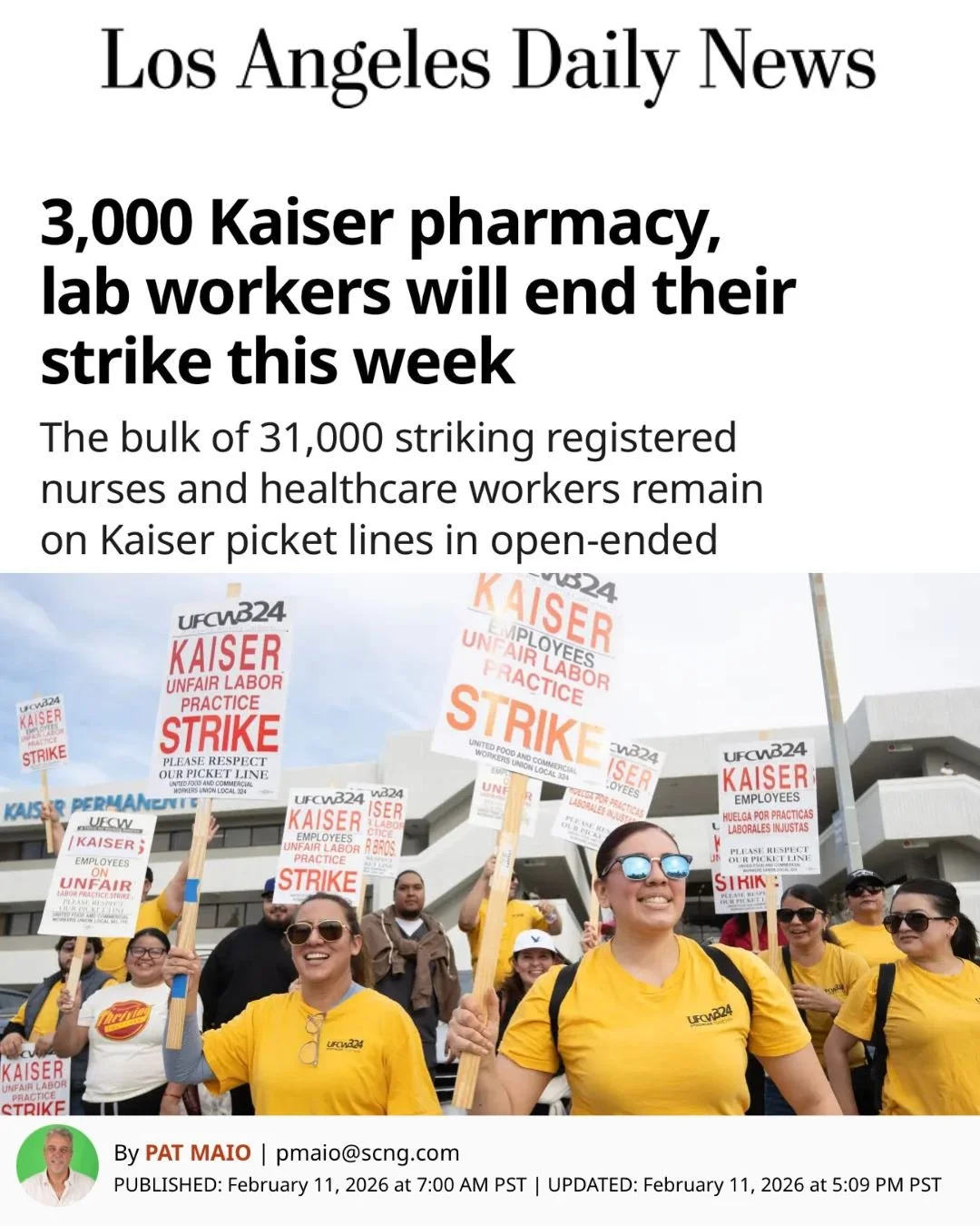 "In an email to members, the unions said they would continue to push Kaiser to continue to negotiate a fair contract. Talks collapsed between the two sides in December.

In the past week, Kaiser reported that some of its pharmacies and labs were
