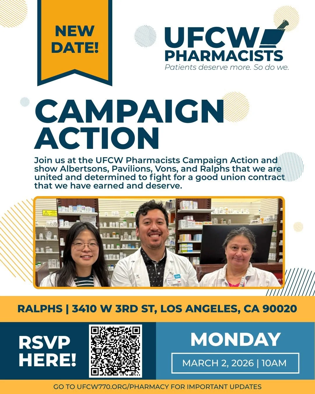 Join us at the UFCW Pharmacists Campaign Action and show Albertsons, Pavilions, Vons, and Ralphs that we are united and determined to fight for a good union contract that we have earned and deserve. 

Register for the event here: Link in bio
#MemberP