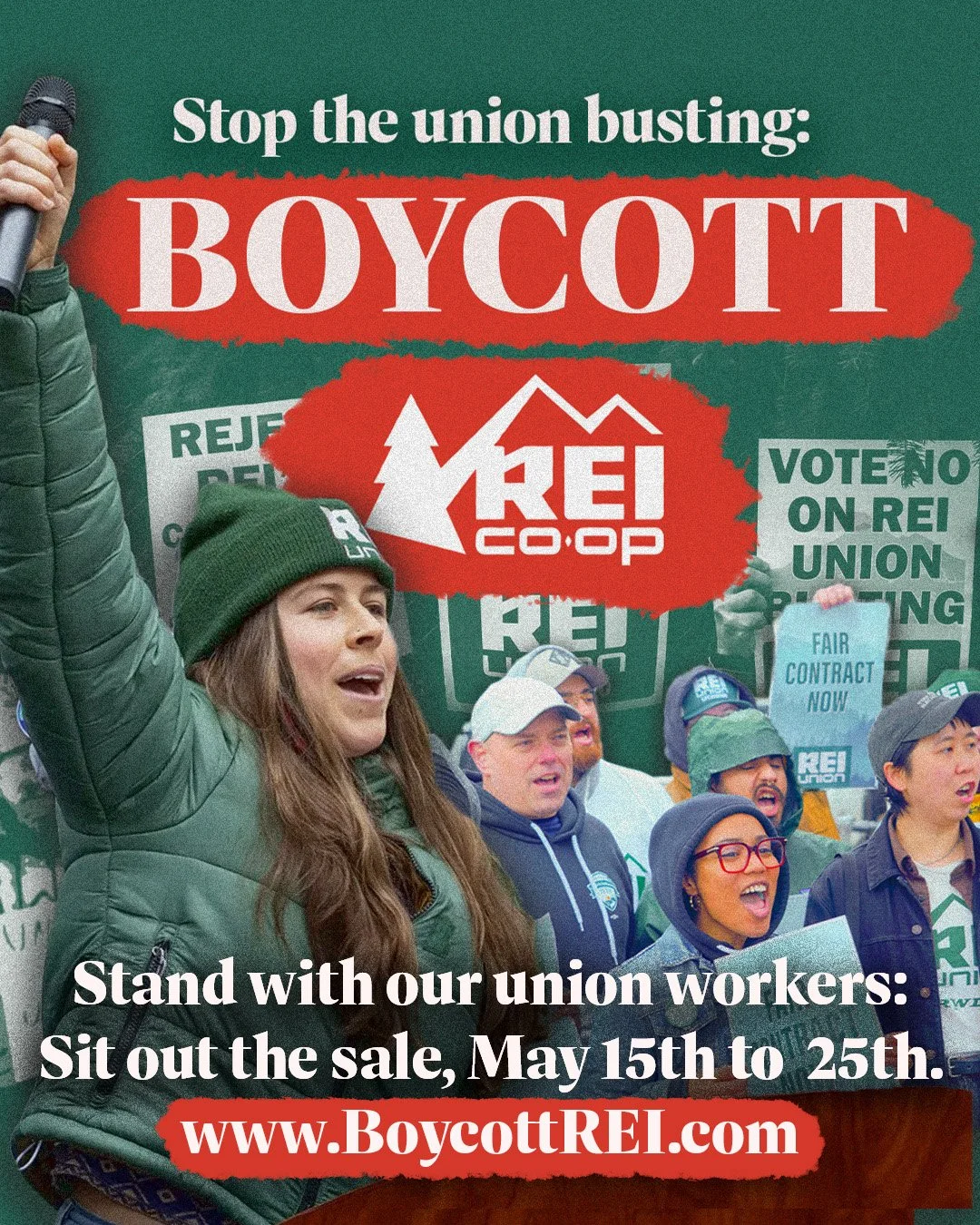Say no to union busting: boycott outdoor outfitter REI TOMORROW, May 15th through May 25th. Gear up with local outfitters or buy directly from brands instead! 🚫

Workers are still facing union busting, cuts to benefits, and reduced healthcare access