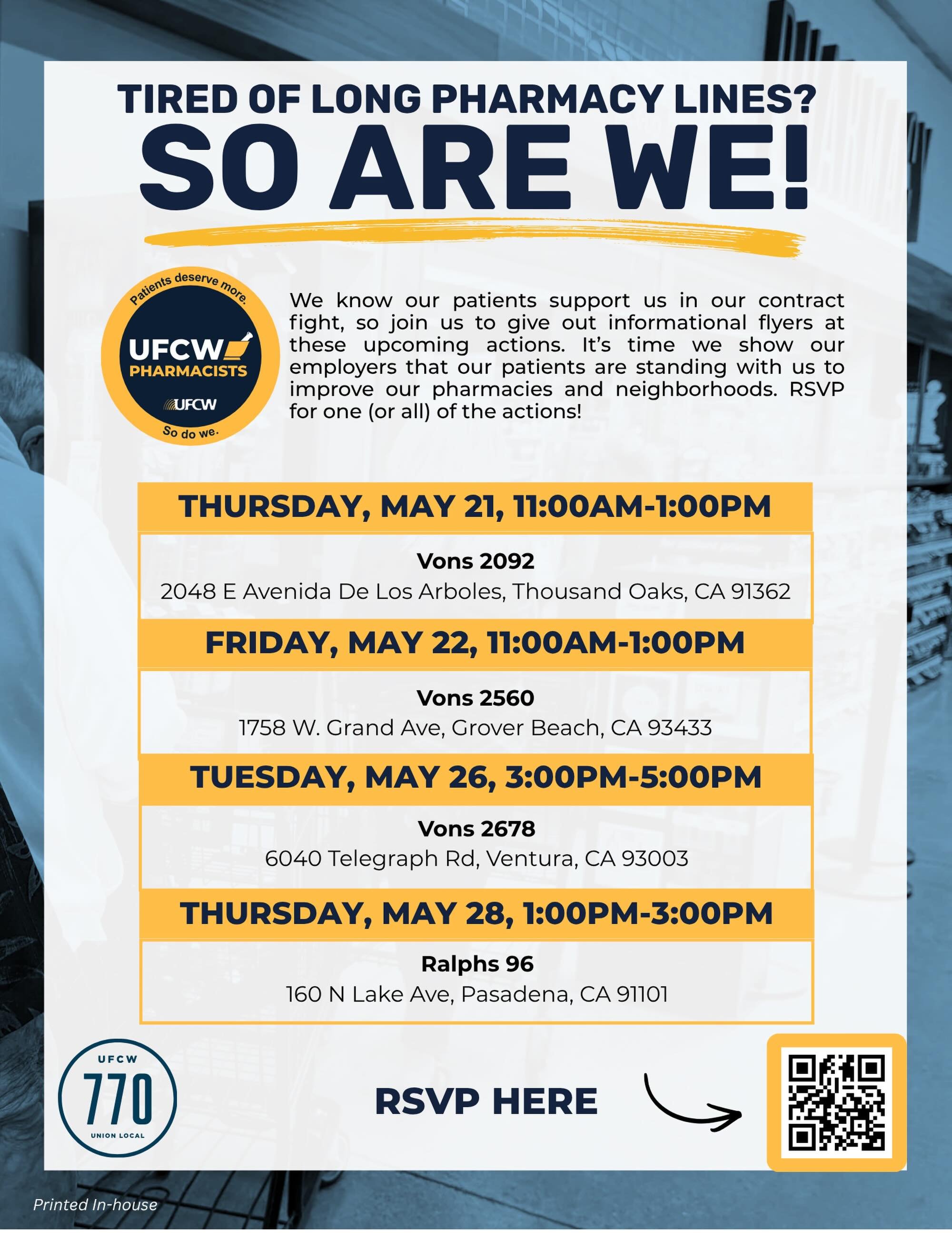 Join us at an upcoming action and help show that better staffing means safer care for everyone.

Patients, customers, and pharmacy workers are all feeling the impact of understaffing and increasing workloads. We&rsquo;re taking it directly to our com
