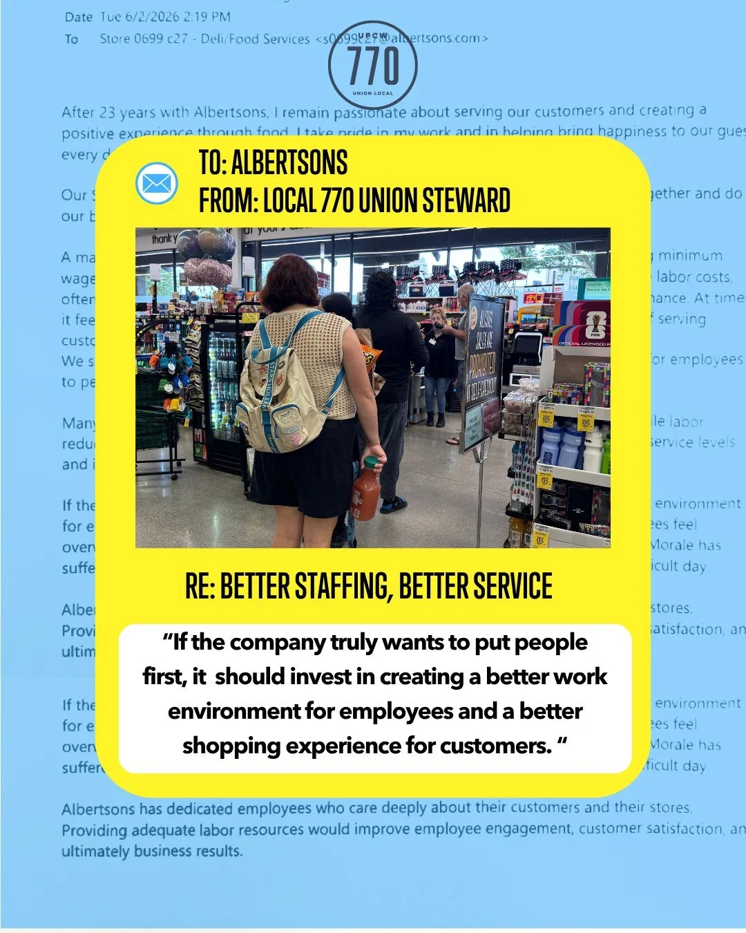 Workers are tired of being understaffed and overworked! Read one local 770 steward's letter to the company as she speaks out on this widespread issue 💪

"After 23 years with  I remain passionate about serving our customers and creating a positi