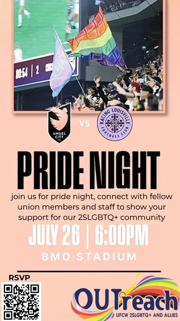 Poster advertising Pride Night event at BMO Stadium on July 26 at 6:00 PM, featuring Angel City FC versus Racing Louisville Football Club, with rainbow flags and people celebrating in the stands.