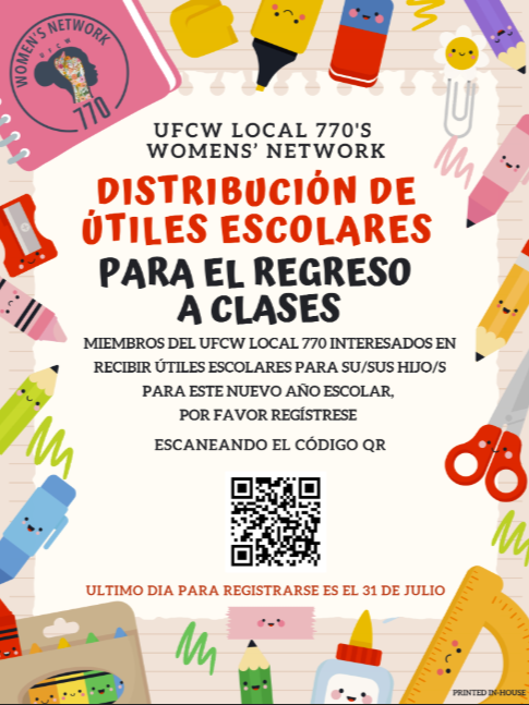 Flyer for UFCW Local 770 Women's Network distributing school supplies for students returning to school, with colorful cartoon school supplies surrounding the text about registration deadline of July 31.