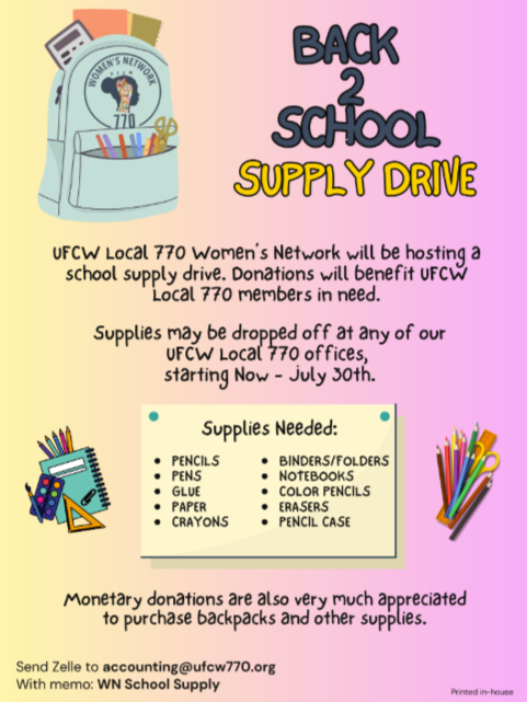 Flyer for a back-to-school supply drive by UFCW Local 770 Women's Network, featuring a backpack, school supplies, and details on donation drop-offs and needed items.