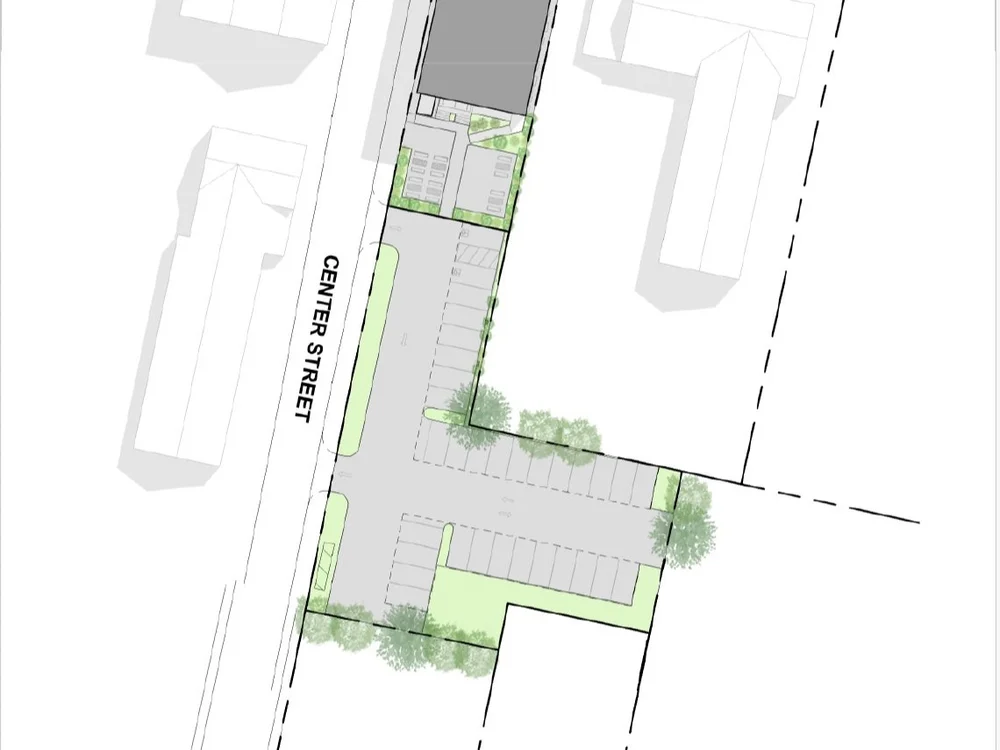 Detail: Preliminary sketch of THE BANK LOFTS parking lot canopies by River Architects, PLLC