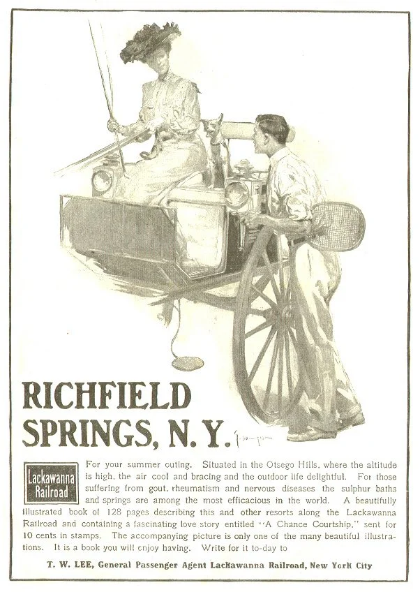 Turn of the 20th-century travel advertisement for Lackawanna Railroad with illustration of man in tennis attire, woman driving a buggy, and a fox terrier. entitled "A Chance Courtship" Pun probably intended