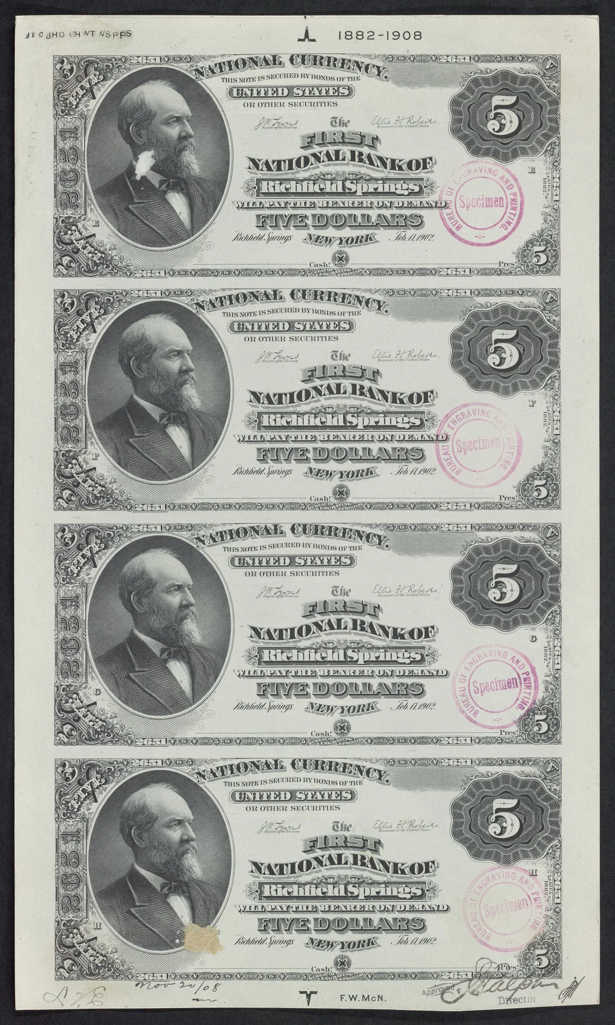 Image of bank notes printed at the First National Bank of Richfield Springs. from the Collection of the Smithsonian National Museum of American History