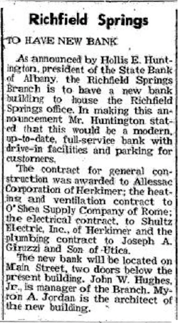 Newspaper clipping announces the State Bank of Albany to build a new bank in Richfield Springs with Drive Up window and off-street parking