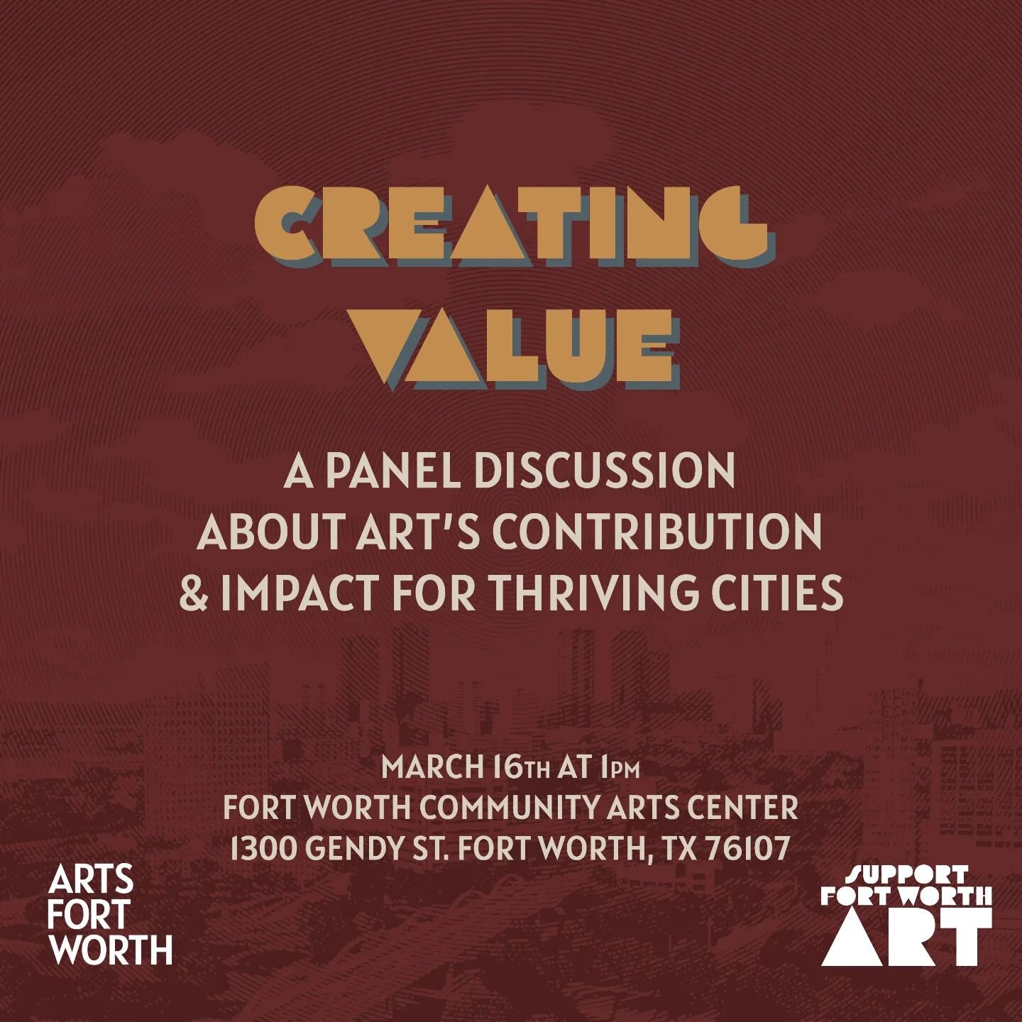 This Saturday is the last panel discussion for our show Together We Make Art Happen. We'll talk about how the arts contribute to quality of life and its impact on creating thriving cities. We have wonderful speakers such as Fort Worth City Councilmem
