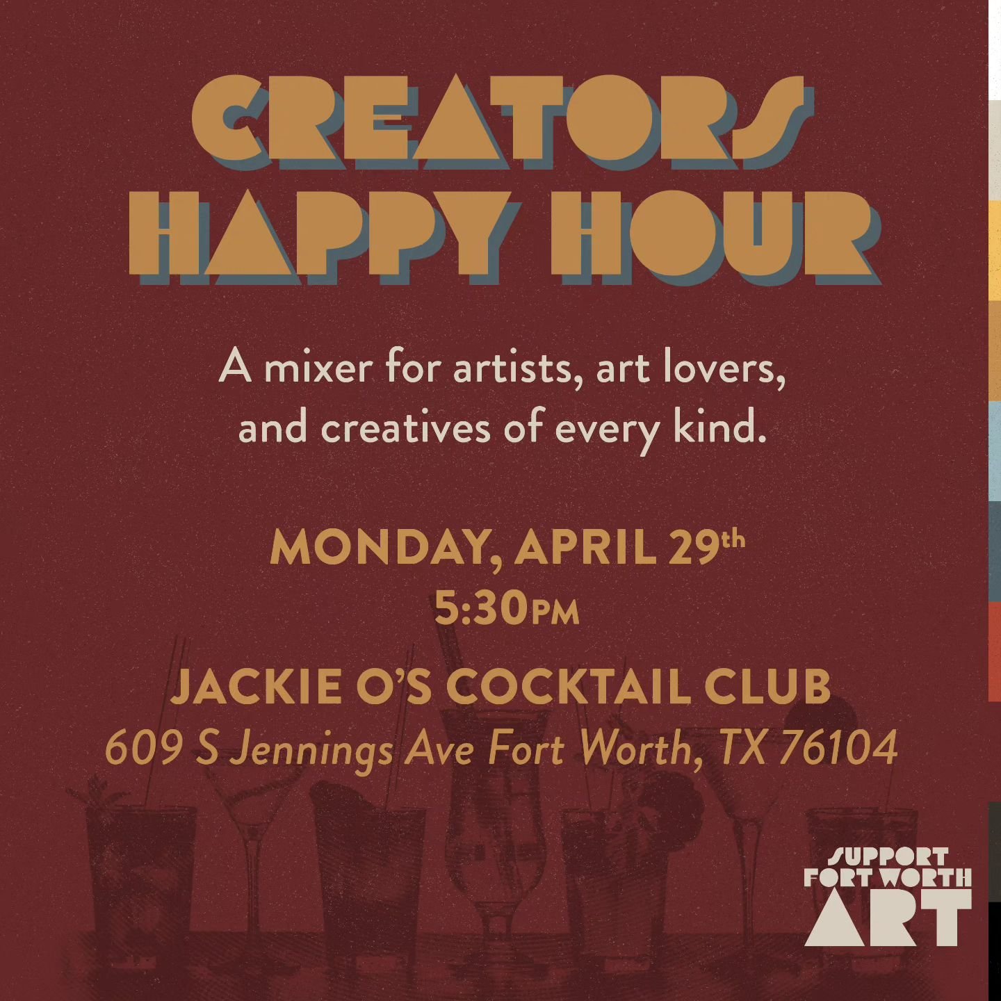 Want to meet local artists, art lovers, and creatives of all kinds? Join us this coming Monday at 5:30pm for another Creators Happy Hour at Jackie O's Cocktail Club.

Looking forward to seeing y'all there!