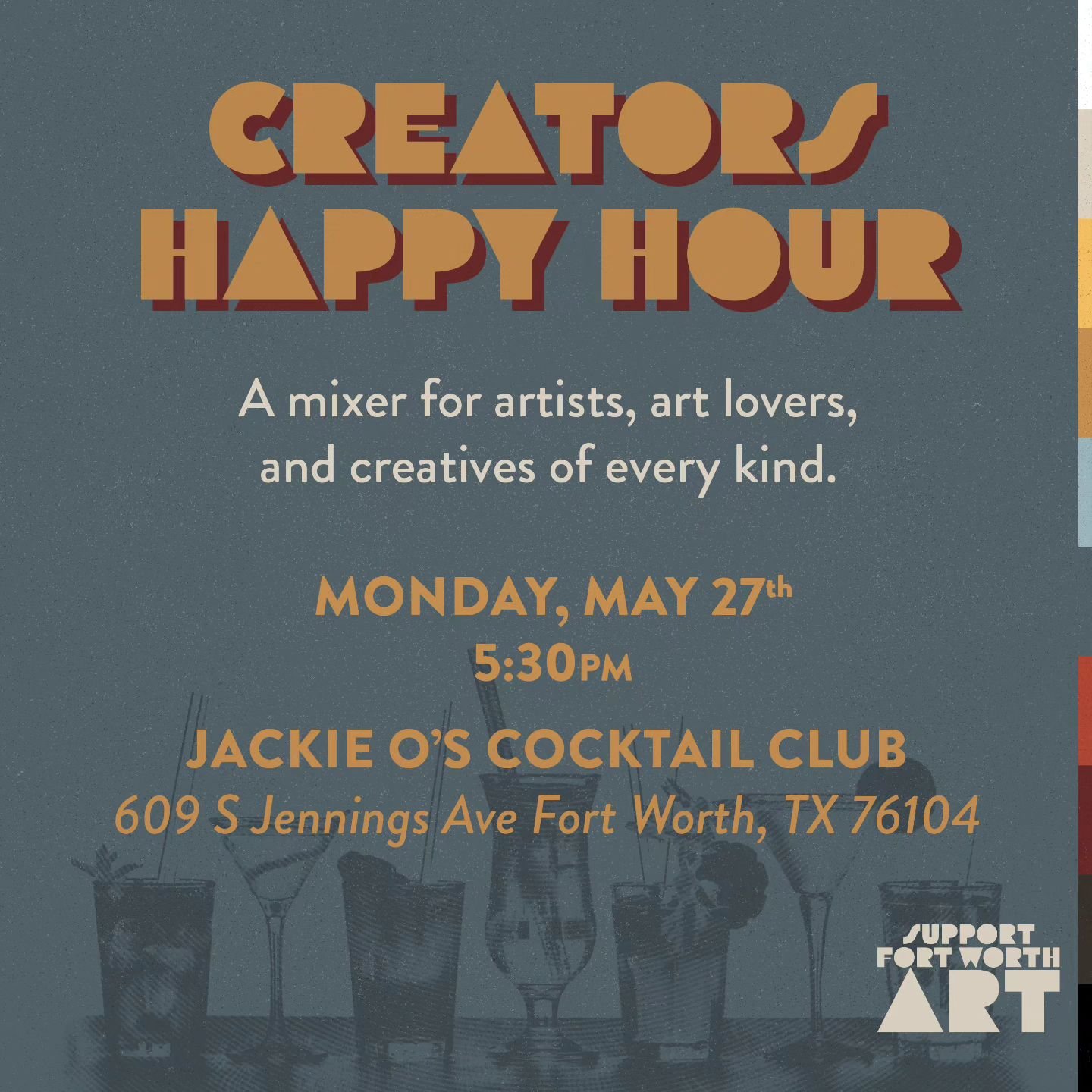 Curious to meet artist art lovers, and creative thinkers? Wondering what cool stuff is going on in the Fort Worth arts scene? Come to our monthly Creators Happy Hour, last Monday of the month at 5:30pm in Jackie O's Cocktail Club. See y'all there!