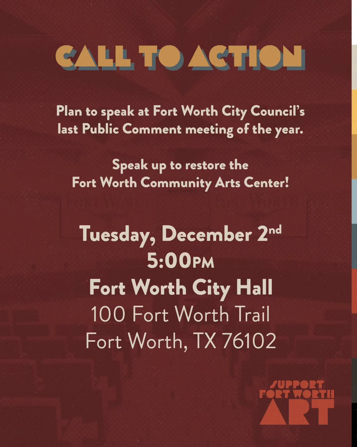 Attention art advocates, please sign up to speak at Public Comment on Tuesday, December 2nd at 5pm in Fort Worth City Hall! 

You can find the link in our bio. The deadline to sign up is at 3pm on December 2nd.

It's important that we remind the Fort