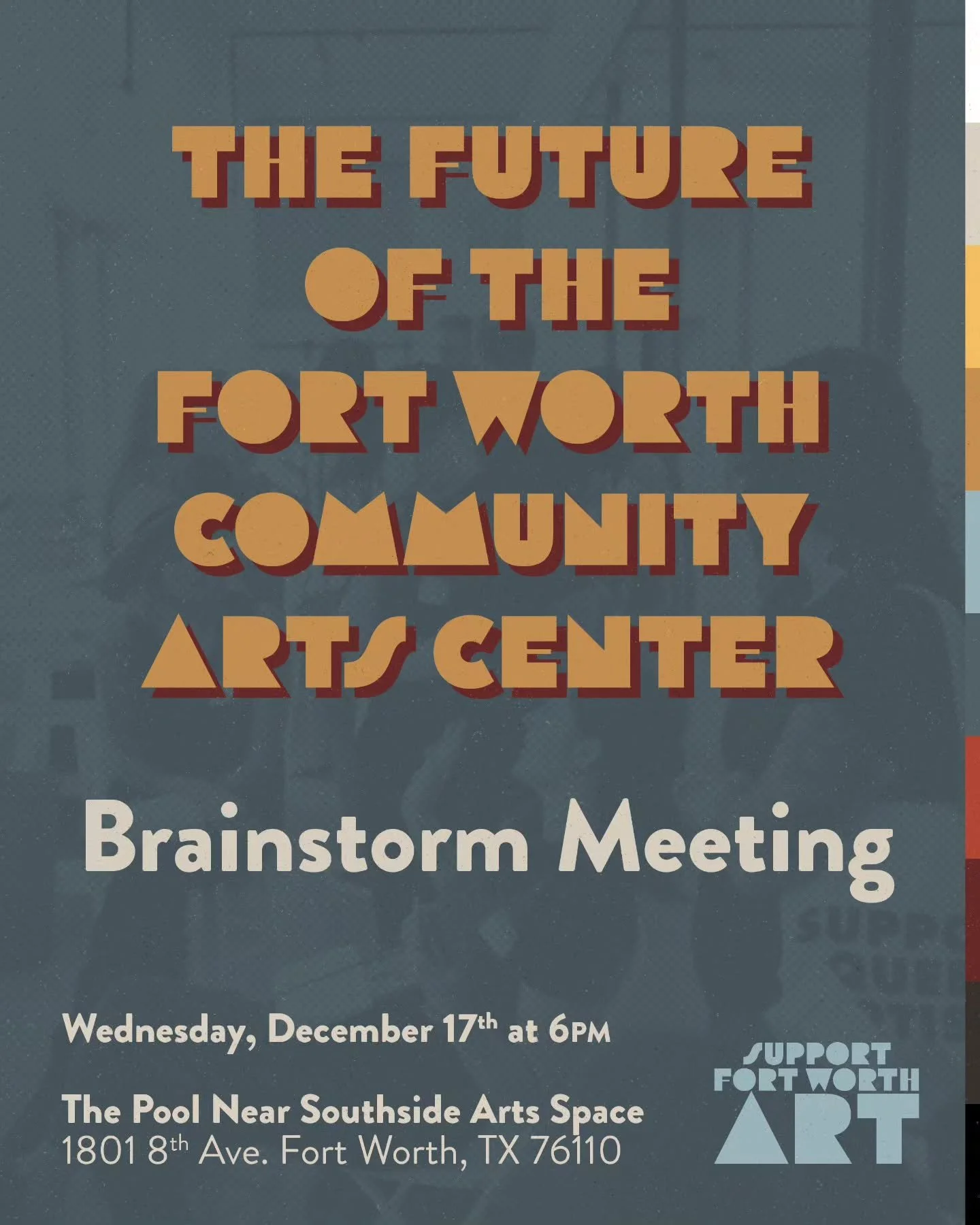 Join us on Wednesday, December 17th at 6pm at @thepoolnearsouthside as we brainstorm ideas for a report we're creating for the art community's needs, wants, and nice-to-haves for the Fort Worth Community Arts Center.

We need your input on what infor