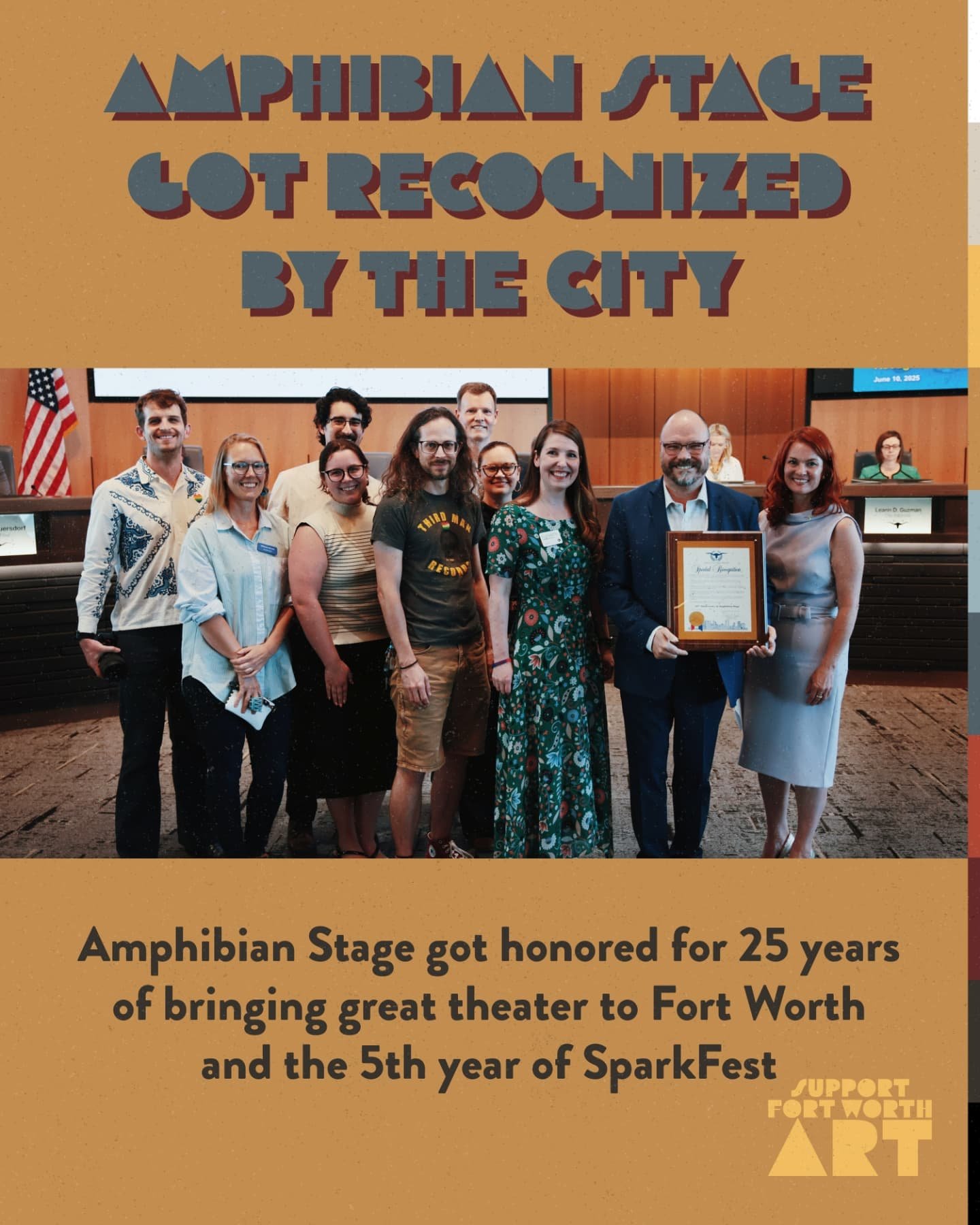 This week we helped Amphibian Stage get a special recognition from Fort Worth City Council thanks to Councilmember Elizabeth Beck. It honors 25 years of Amphibian Stage and the 5th annual SparkFest, which starts TONIGHT. It's 10 days of music, poetry