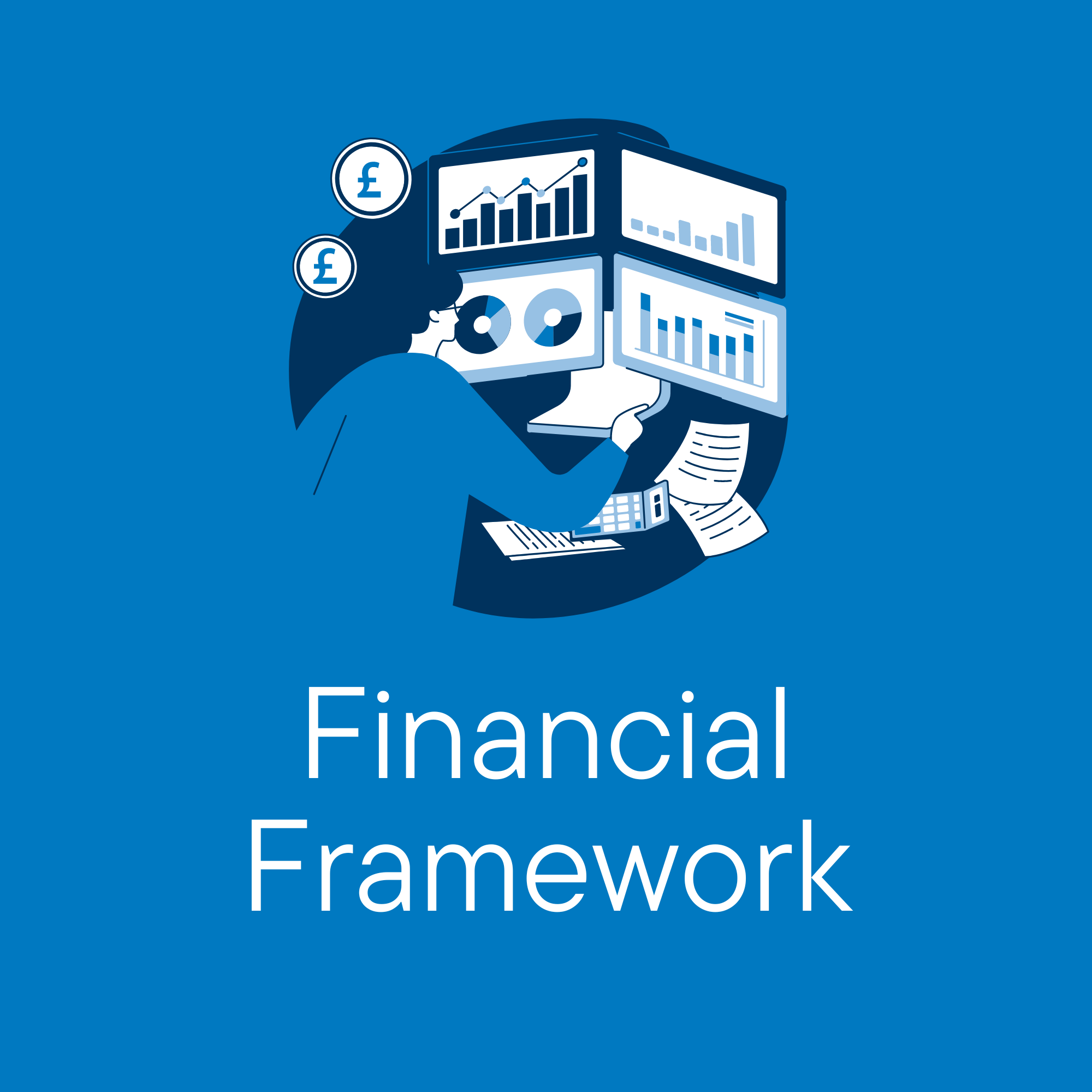 Illustration of a person analyzing financial charts and graphs on multiple screens, with documents, calculator, and currency symbols around them, representing a financial framework.