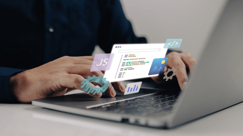 Person typing on a laptop with floating icons representing coding, HTML, image files, and data charts.