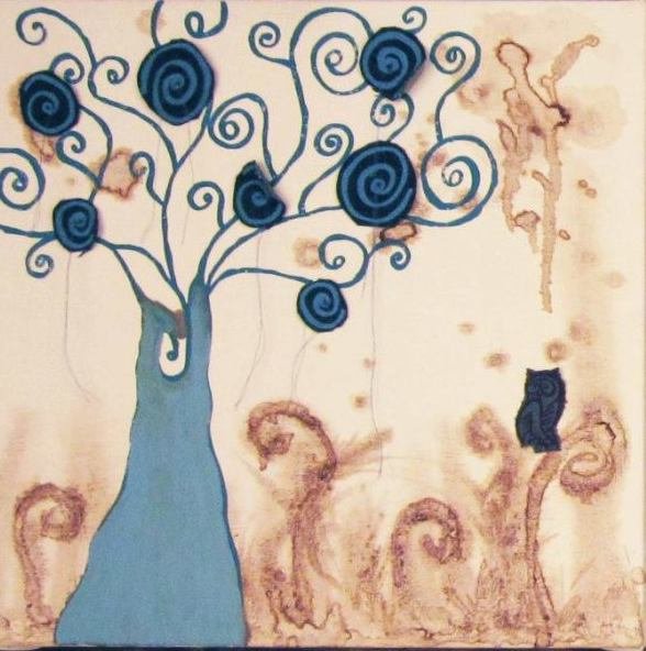 Screen print, stitching and coffee stained canvas