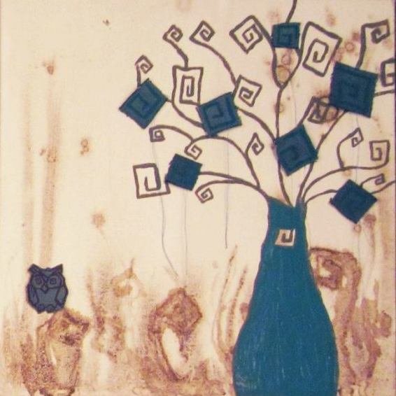 Screen print, stitching and coffee stained canvas