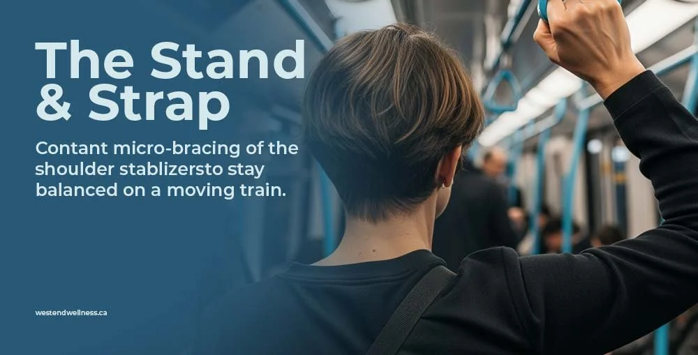 Commuter holding overhead strap on a moving SkyTrain, engaging shoulder stabilizers to maintain balance.
