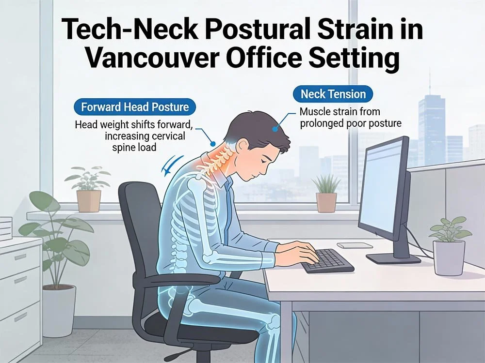 Diagram of Tech-Neck postural strain in a Vancouver office setting, showing forward head posture and neck tension.