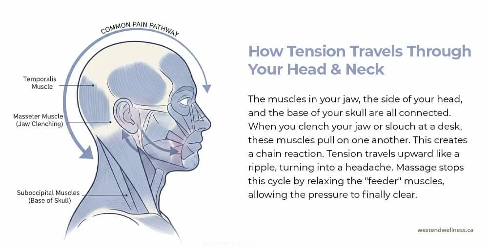 Anatomical diagram showing the connection between jaw muscles, neck tension, and common headache trigger points.