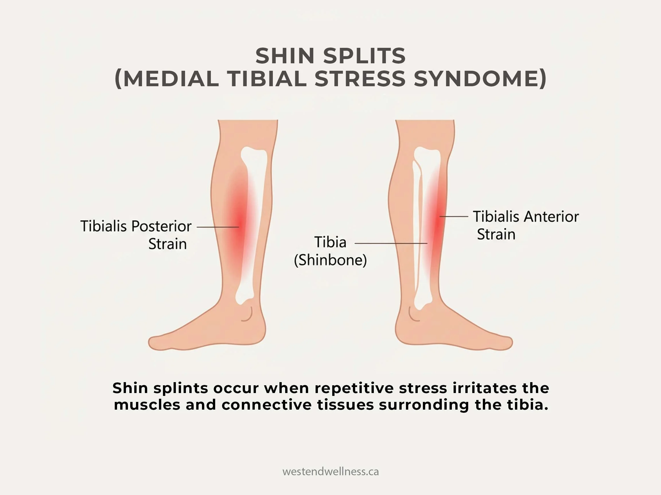 Infographic explaining shin splints (medial tibial stress syndrome) showing tibialis posterior and tibialis anterior strain along the tibia.