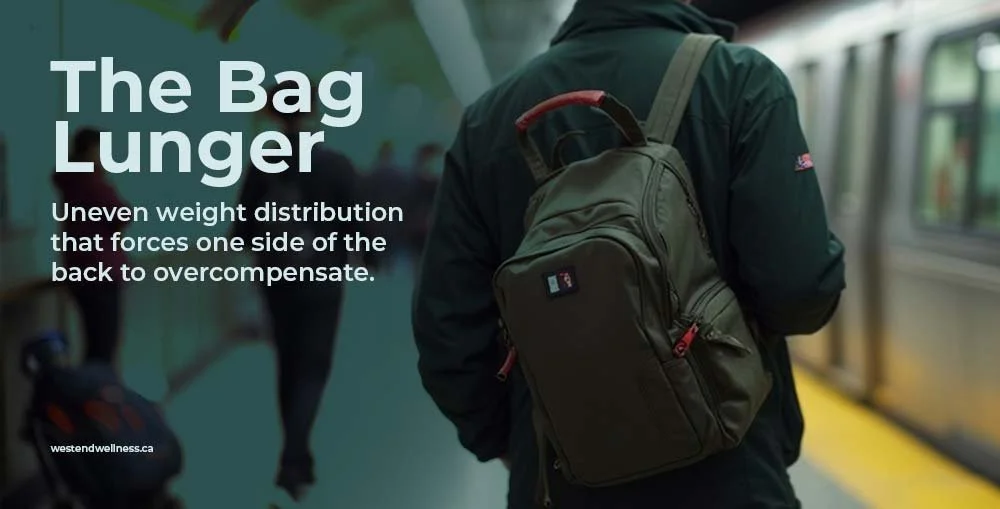 Vancouver commuter standing on the SkyTrain with a heavy backpack on one shoulder, causing uneven load and shoulder strain.