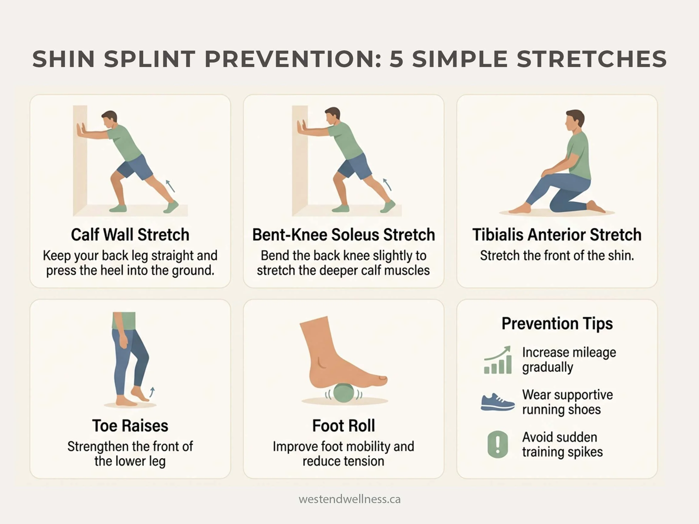 Infographic showing five stretches for shin splint prevention including calf wall stretch, soleus stretch, tibialis anterior stretch, toe raises, and foot roll