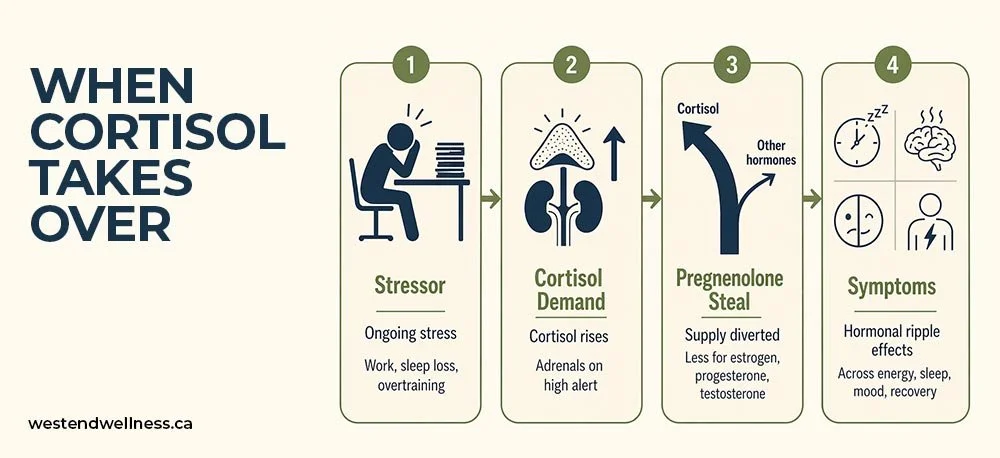Infographic showing how chronic stress triggers cortisol dominance and diverts hormone supply away from estrogen, progesterone, and testosterone.