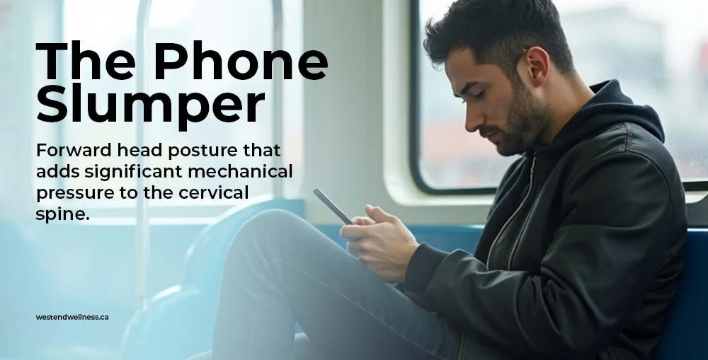 SkyTrain rider seated while looking down at a phone, showing forward head posture linked to neck and shoulder tension