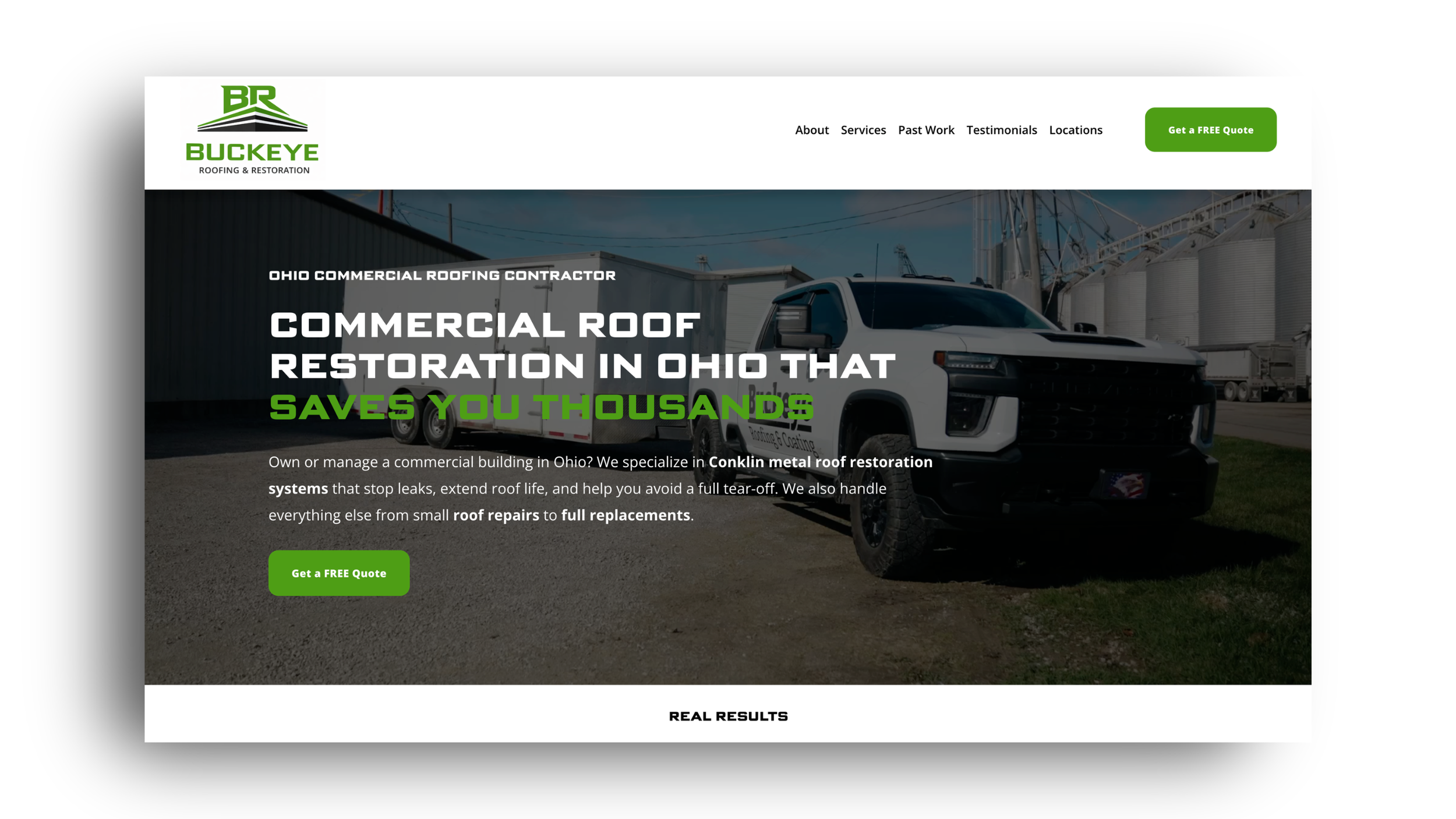 Screenshot of Buckeye Roofing & Restoration website featuring a truck parked outside a building, promoting commercial roof restoration services in Ohio with options to get a free quote.