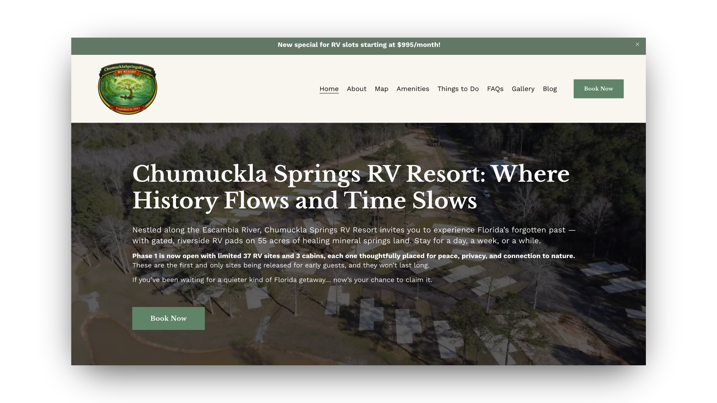 Webpage for Chumuckla Springs RV Resort with a green logo, navigation menu, and an aerial view of the resort land.