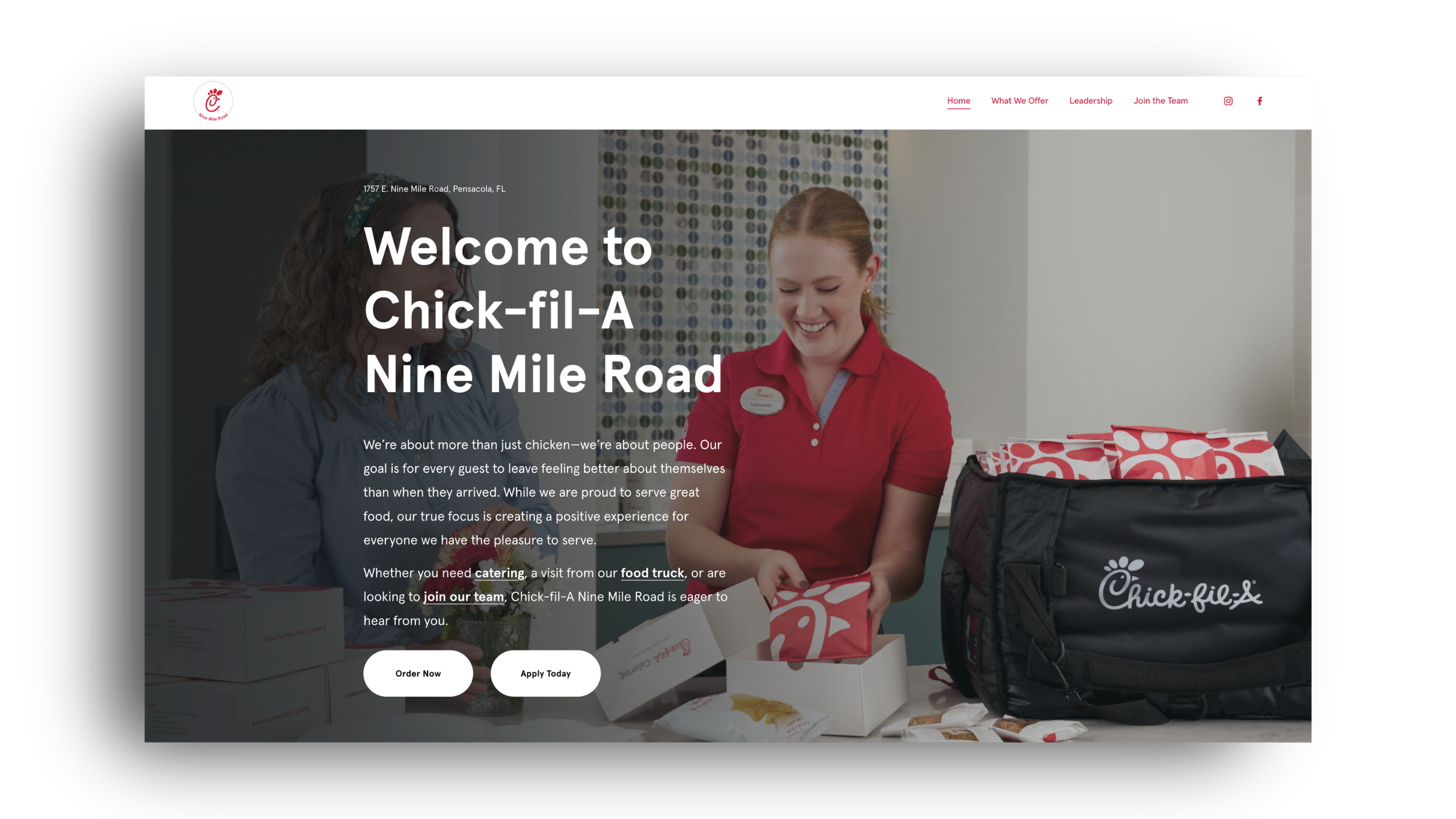 Screenshot of Chick-fil-A Nine Mile Road website featuring a smiling employee in a red uniform preparing a meal with boxes, a bag, and a food truck in the background.