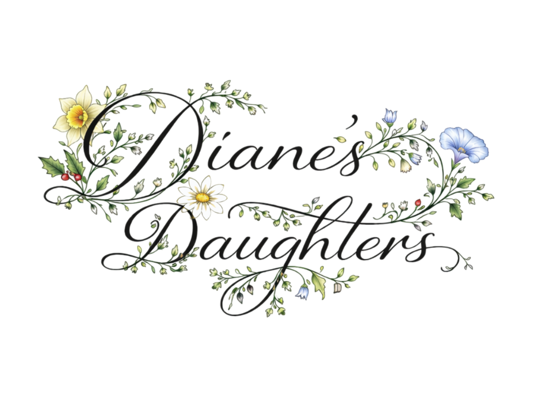 Floral design with the words "Diane's Daughters" in elegant script surrounded by colorful flowers and green leaves