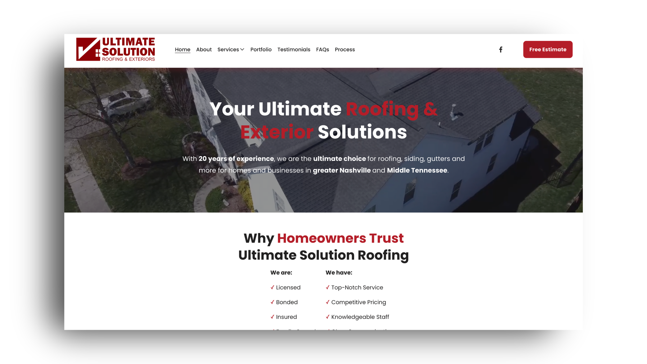 Home page of Ultimate Solution Roofing & Exteriors website showing aerial view of a house with a dark gray roof, a red and white logo at the top left, navigation menu, and a red "Free Estimate" button.