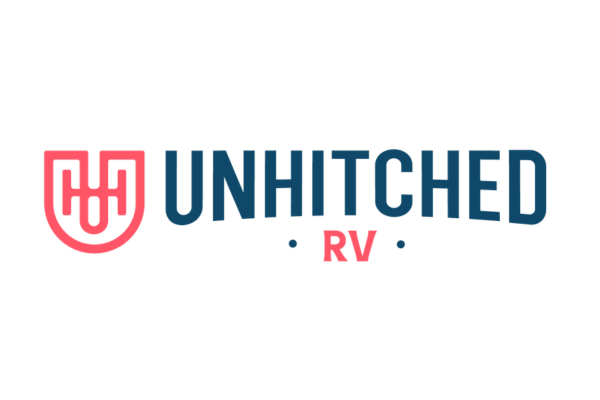 Logo with a red shield and stylized white letters, the words 'UNHITCHED RV' in dark blue and red.