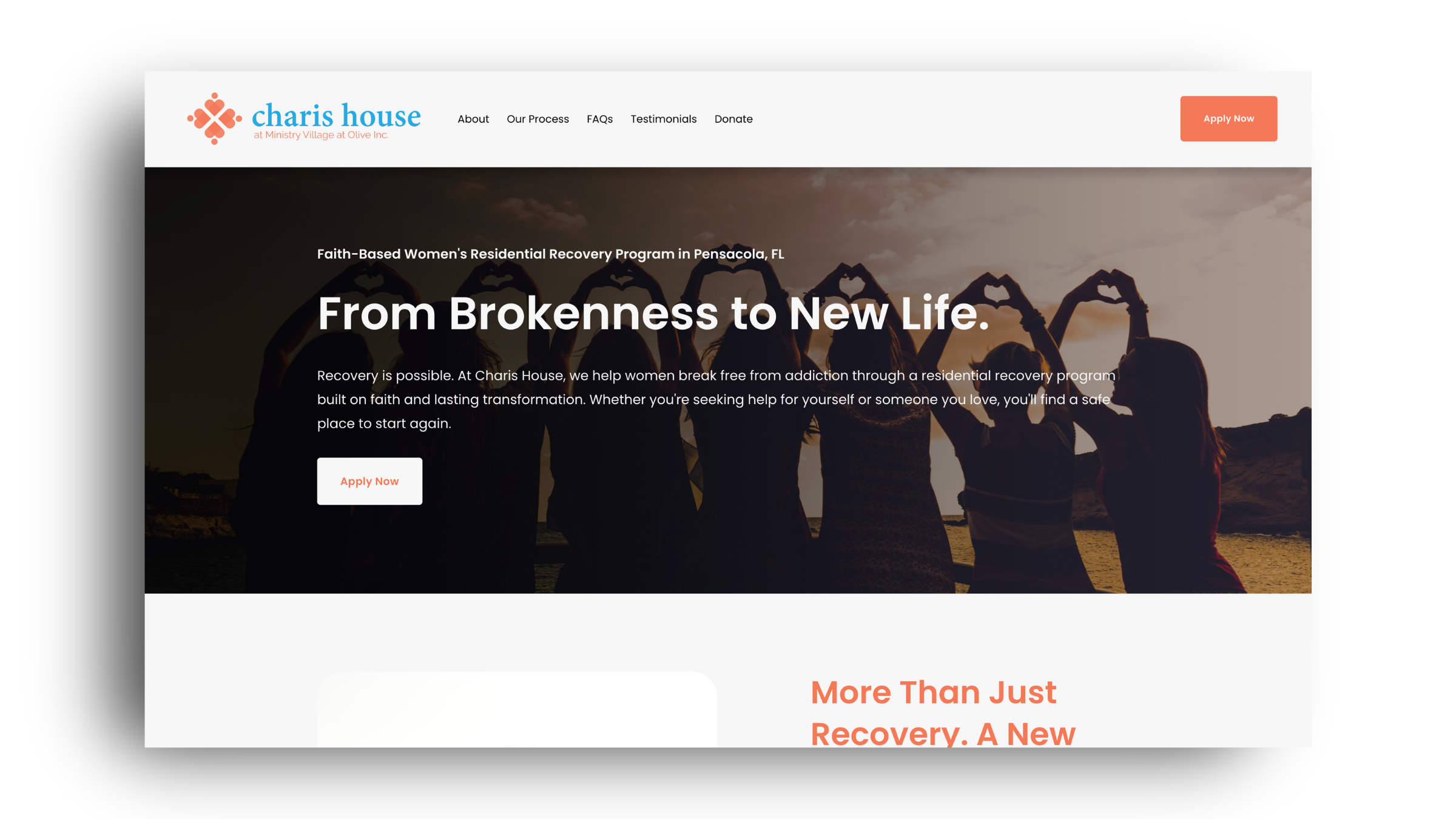 homepage of Charis House website showing people holding hands at sunset with headlines about women’s residential recovery program in Pensacola, FL.
