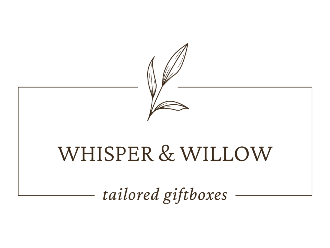 Logo for Whisper & Willow with an illustration of a branch with three leaves, featuring the text 'Whisper & Willow' and 'tailored giftboxes'.