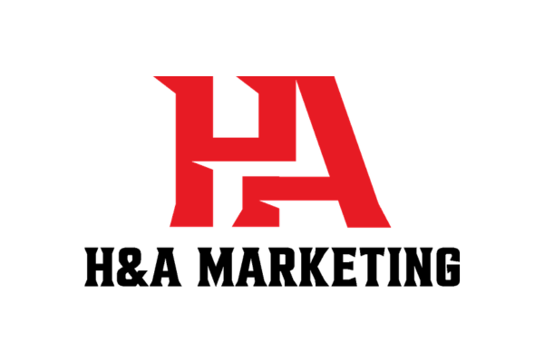 Logo with red stylized 'H' and 'A' above the text 'H&A MARKETING' in black.