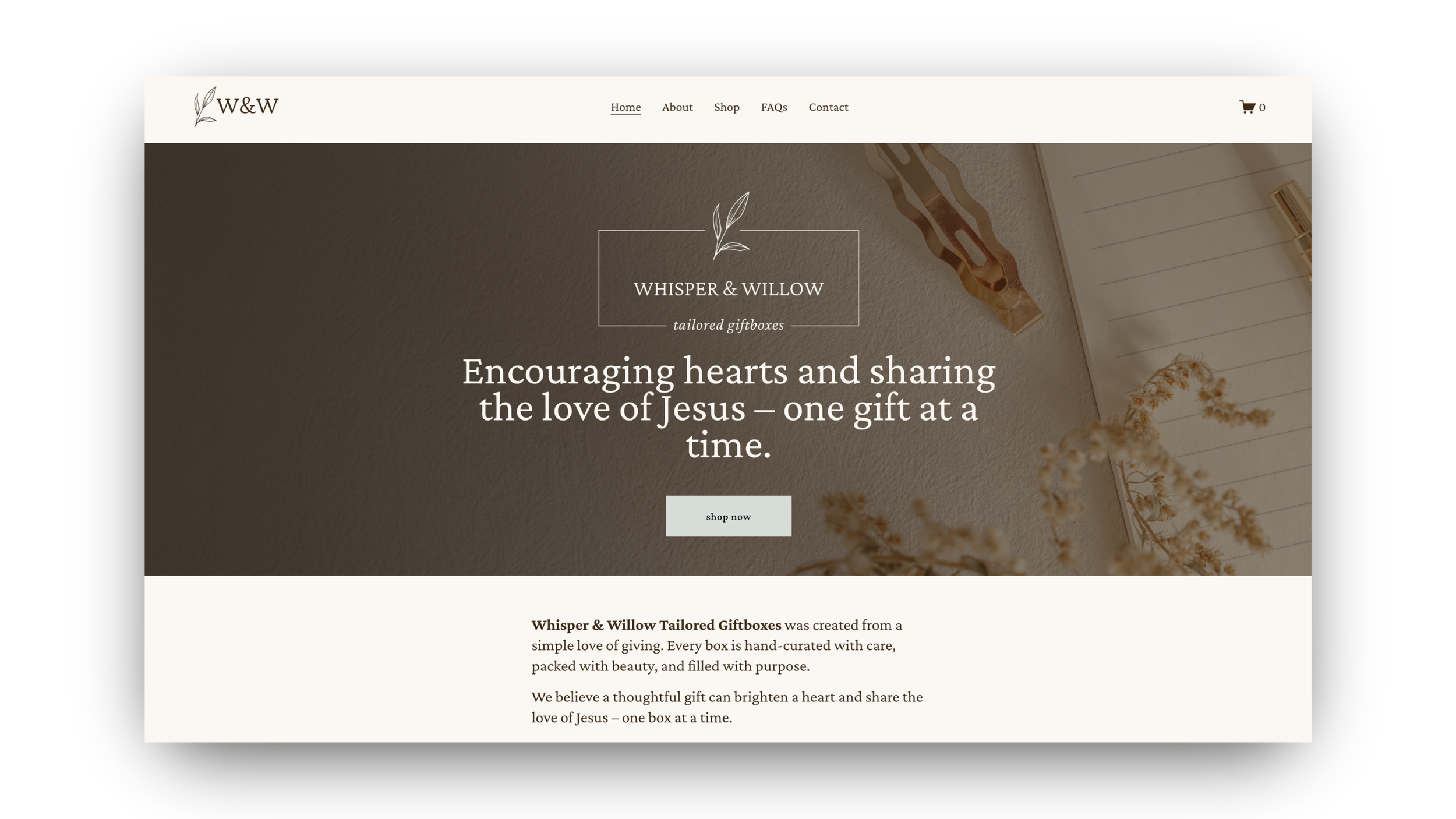 Screenshot of the homepage for Whisper & Willow, a website selling tailored gift boxes, with a neutral beige and brown color scheme and simple navigation menu at the top.