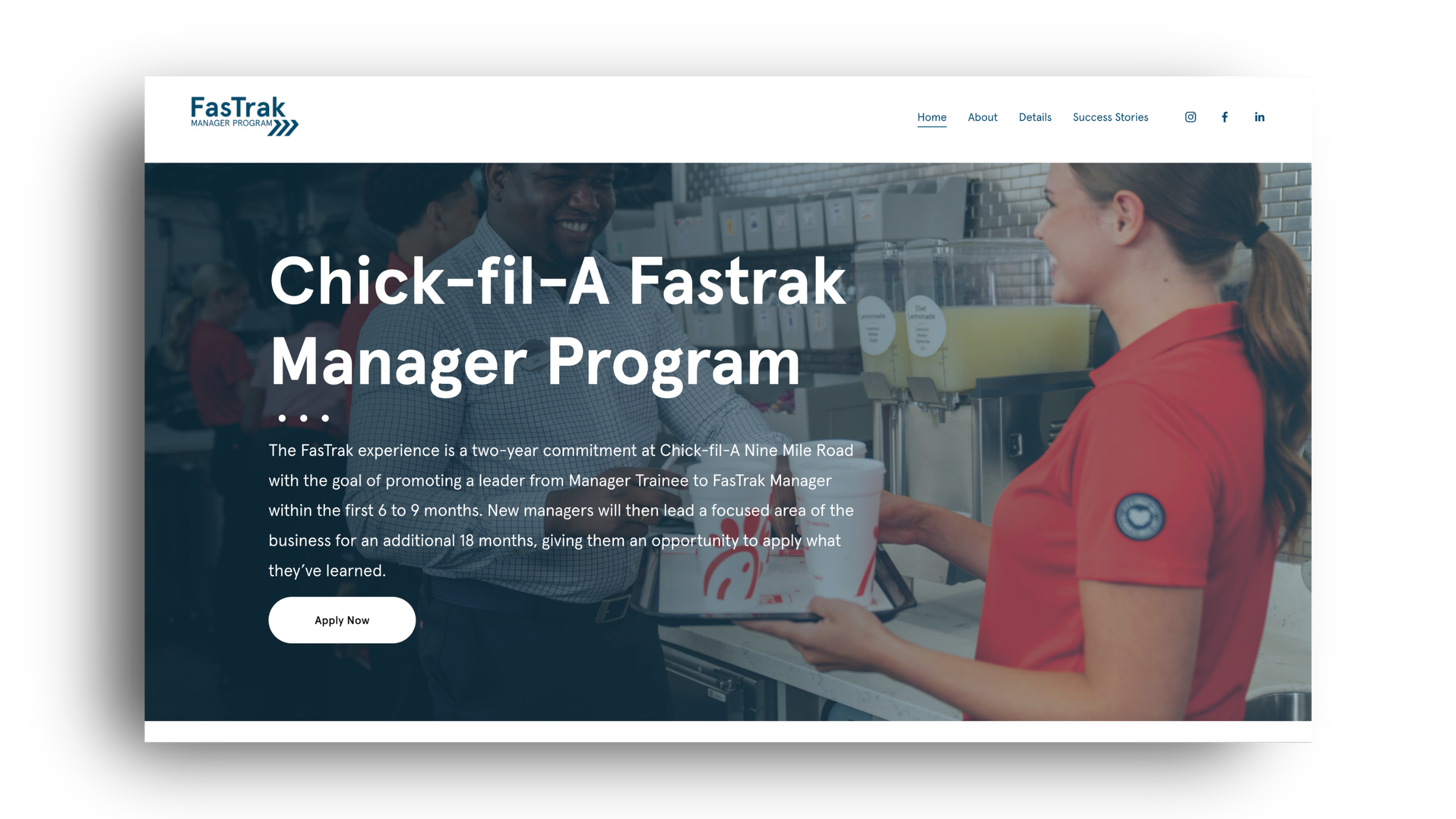 Website homepage for the Chick-fil-A Fastrak Manager Program showing a woman in a red uniform handing a tray of food to a smiling man in a checkered shirt in a fast food restaurant.
