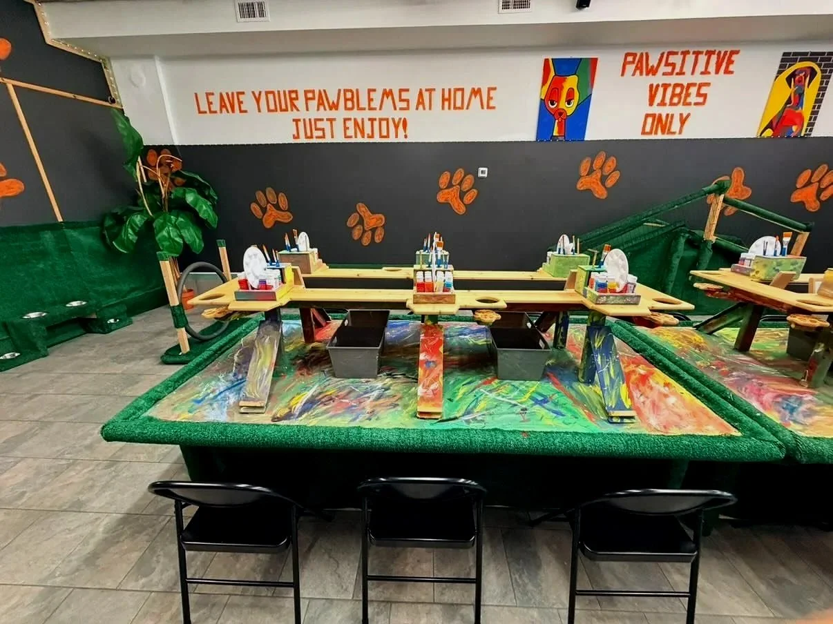 Indoor pet-themed play area with painted paw prints, colorful artwork, and a message encouraging leaving paw prints at home and positive vibes, featuring a play elevated structure with art supplies on a painted surface.