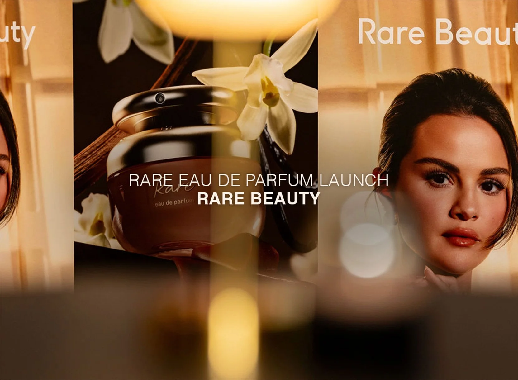 Image of a promotional poster for Rare Eau de Parfum launch by Rare Beauty, featuring perfume bottles and Selena Gomez